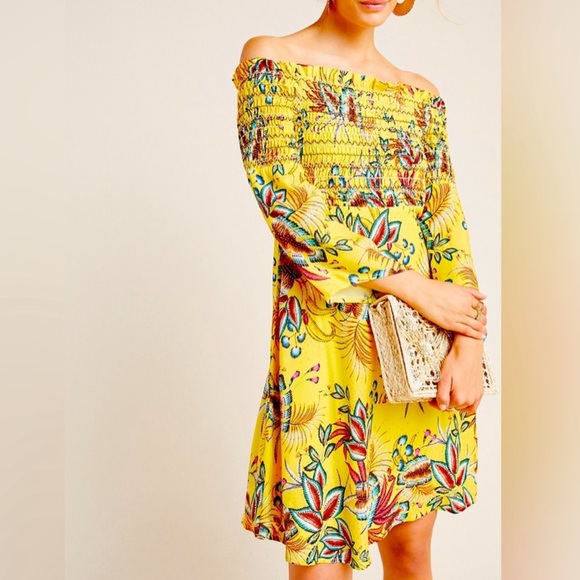 FARM RIO Anthropologie Bria Floral Off-Shoulder Yellow Dress Size XS - Picture 1 of 8
